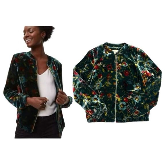 Loft Floral Velvet Bomber Jacket Size Small - Picture 1 of 11
